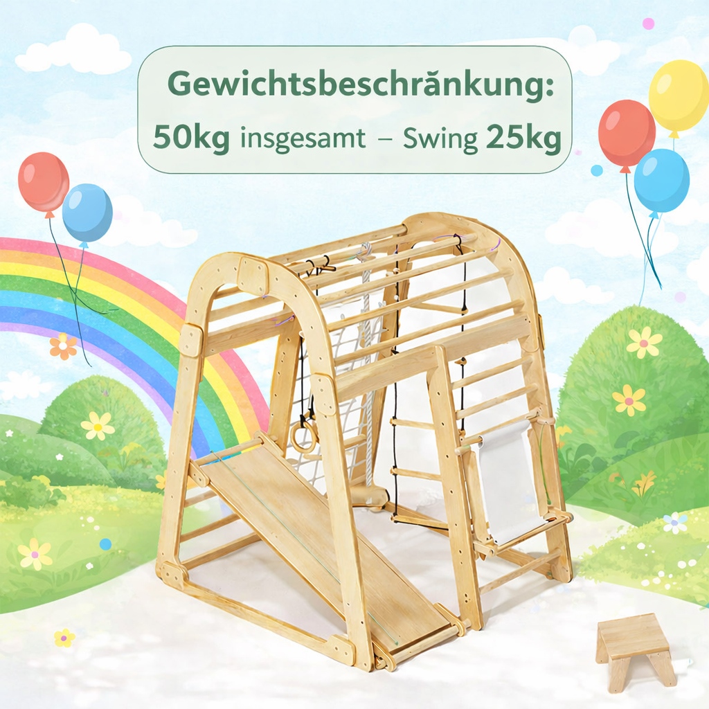 Kinder Indoor Spielplatz 8-in-1 – Klettergerüst mit Kletternetz, Rutsche, Gymnastikringe, Hängende Leiter, Disc-Schaukel, Maltafel und Kinderstuhl – Beige