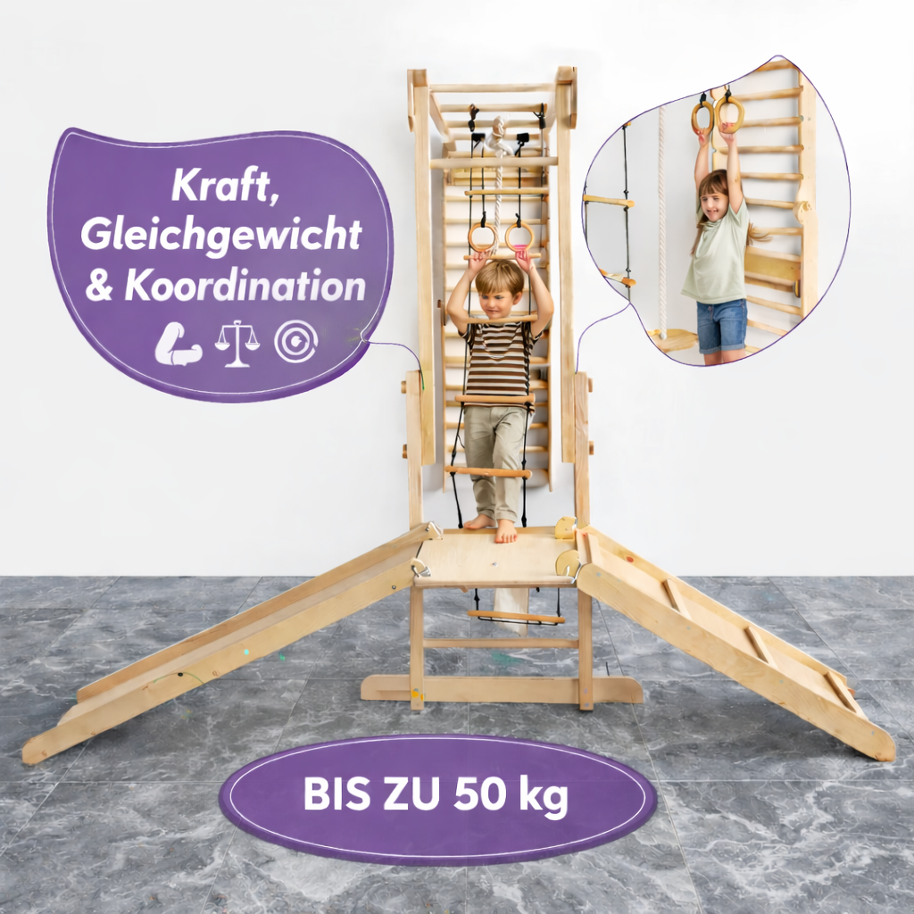 Kinder Abenteuer-Spielplatz 7in1: Sprossenwand + Kletterstange + Schaukelset + Rutsche + Kletterrampe