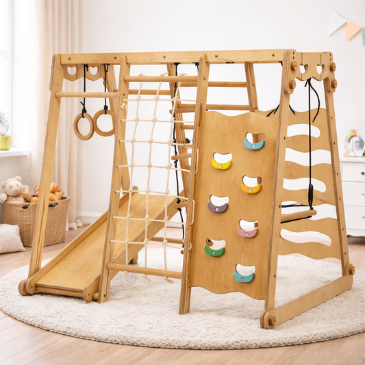 KletterWelt 6in1 - Holz-Spielplatz mit Rutsche & Schaukel für drinnen