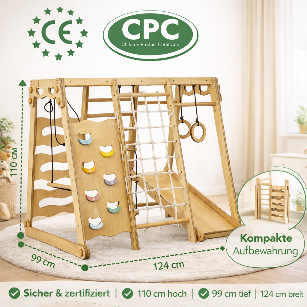 KletterWelt 6in1 - Holz-Spielplatz mit Rutsche & Schaukel für drinnen