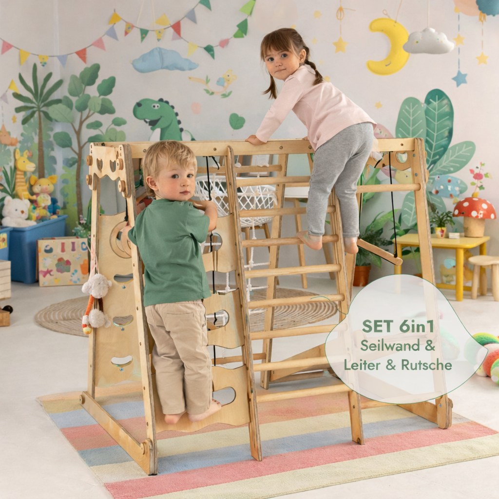 KletterWelt 6in1 - Holz-Spielplatz mit Rutsche & Schaukel für drinnen