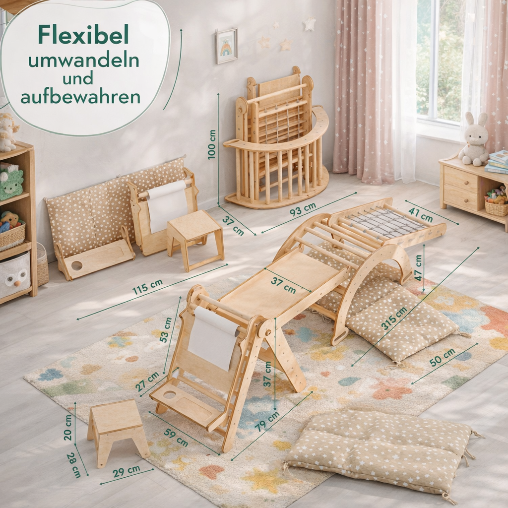 Montessori Kletterabenteuer 7in1 -  mit Maltafel und Kinderstuhl (Kinder 1-7 Jahre)