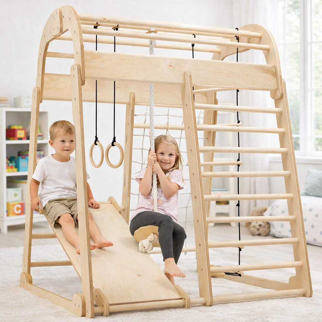 Kinder Indoor Spielplatz 6-in-1 – Klettergerüst mit Rutsche & Schaukel - Beige