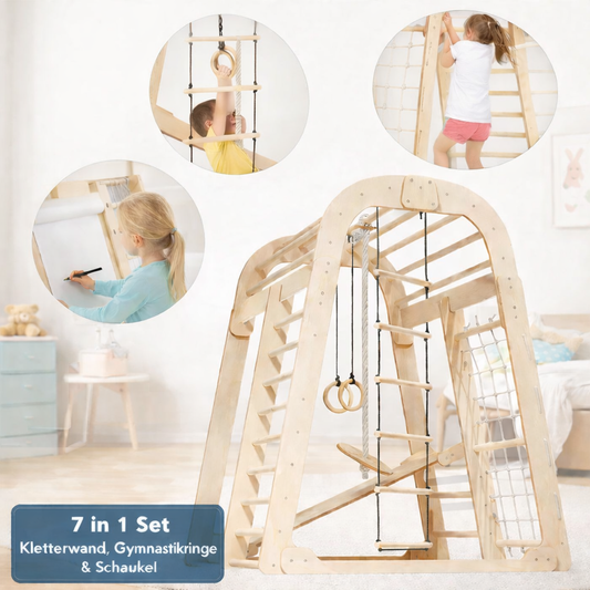 Kinder Indoor Spielplatz 8-in-1 – Klettergerüst mit Kletternetz, Rutsche, Gymnastikringe, Hängende Leiter, Disc-Schaukel, Maltafel und Kinderstuhl – Beige