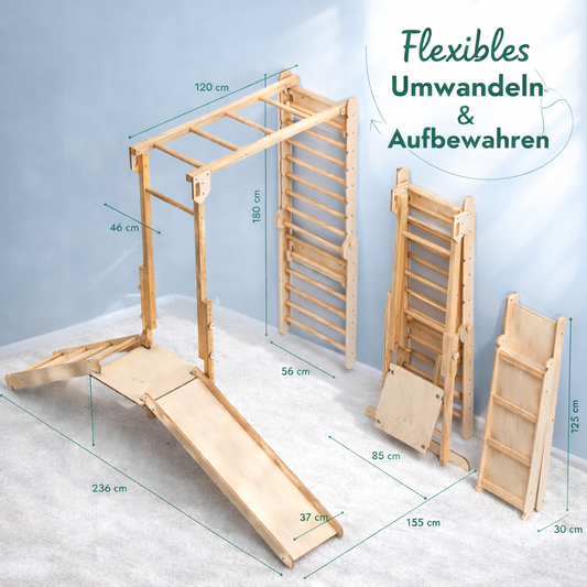 Kinder Abenteuer-Spielplatz 7in1: Sprossenwand + Kletterstange + Schaukelset + Rutsche + Kletterrampe