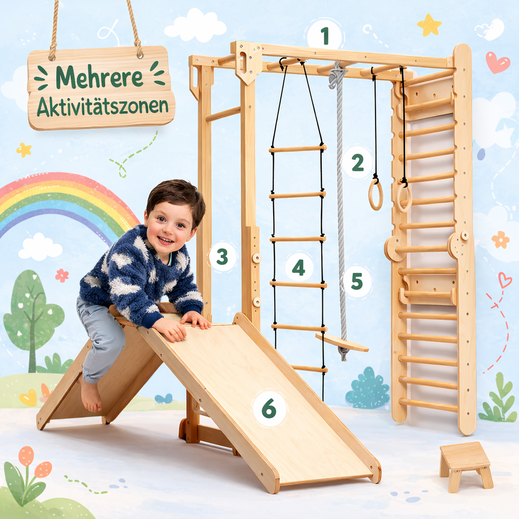 Kinder Abenteuer-Spielplatz 7in1: Sprossenwand + Kletterstange + Schaukelset + Rutsche + Kletterrampe