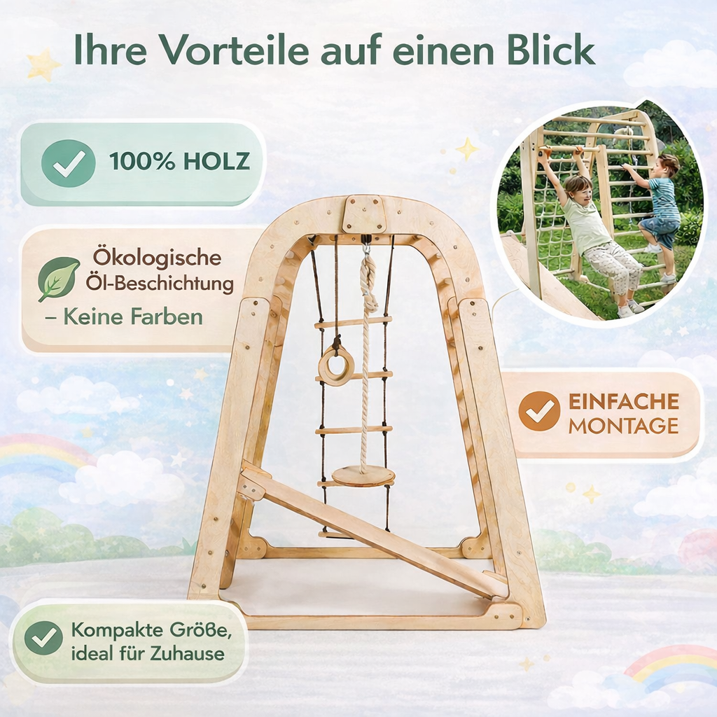 Kinder Indoor Spielplatz 6-in-1 – Klettergerüst mit Rutsche & Schaukel - Beige