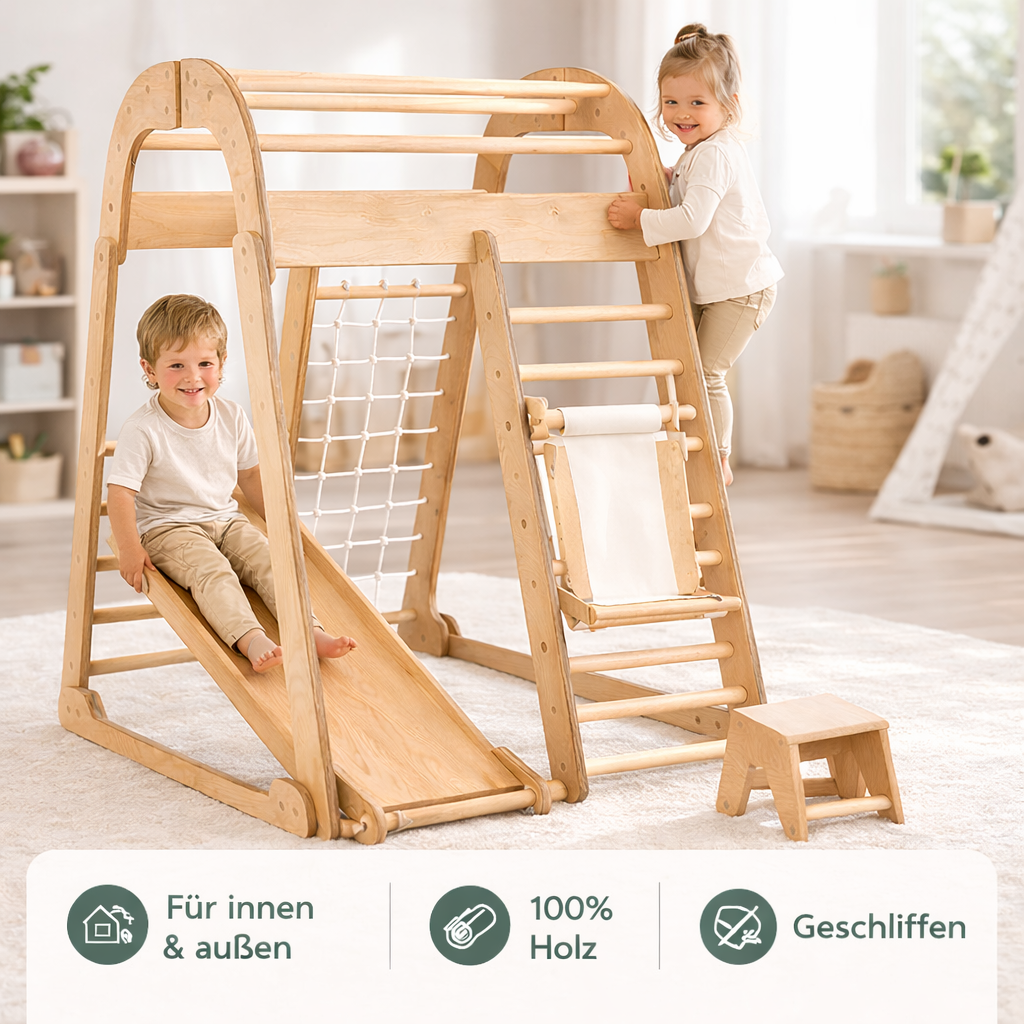 Kinder Indoor Spielplatz 8-in-1 – Klettergerüst mit Kletternetz, Rutsche, Gymnastikringe, Hängende Leiter, Disc-Schaukel, Maltafel und Kinderstuhl – Beige