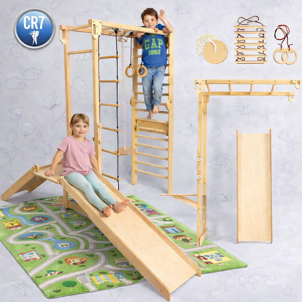 Kinder Abenteuer-Spielplatz 7in1: Sprossenwand + Kletterstange + Schaukelset + Rutsche + Kletterrampe