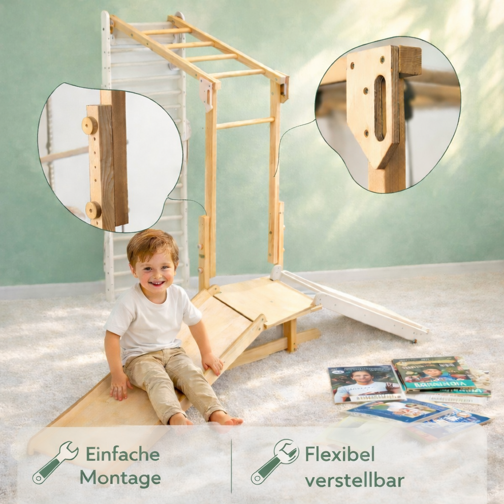 Kinder Abenteuer-Spielplatz 7in1: Sprossenwand + Kletterstange + Schaukelset + Rutsche + Kletterrampe