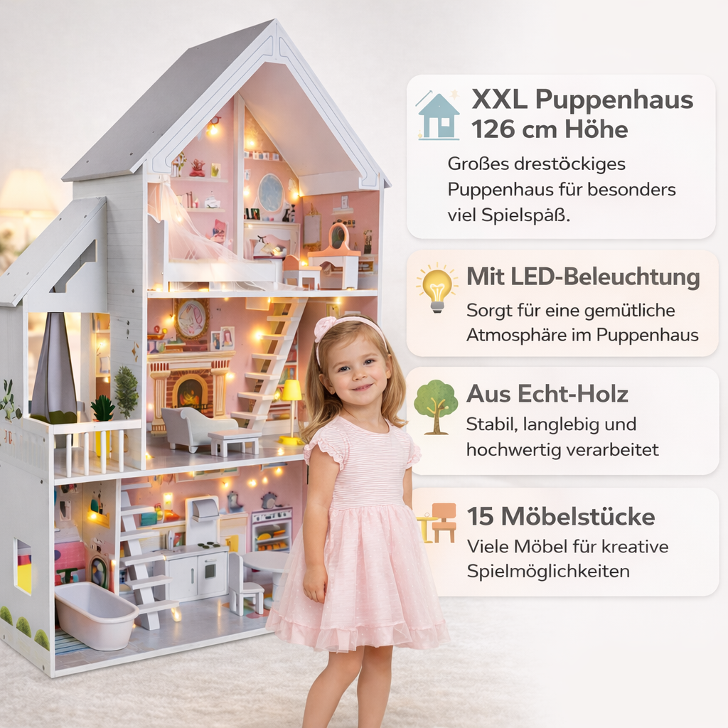 XXXL Holz Puppenhaus Liselle mit LED-Beleuchtung