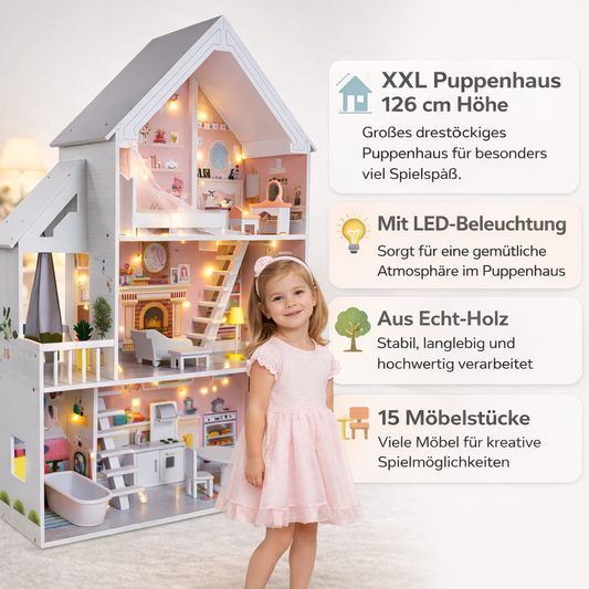 XXXL Holz Puppenhaus Liselle mit LED-Beleuchtung